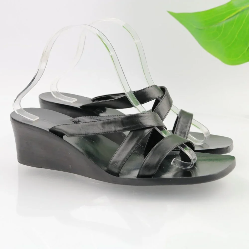 Ann Taylor Womens Sandals Size 10.5 Black Leather Strappy Slide Mule Wedge Heels